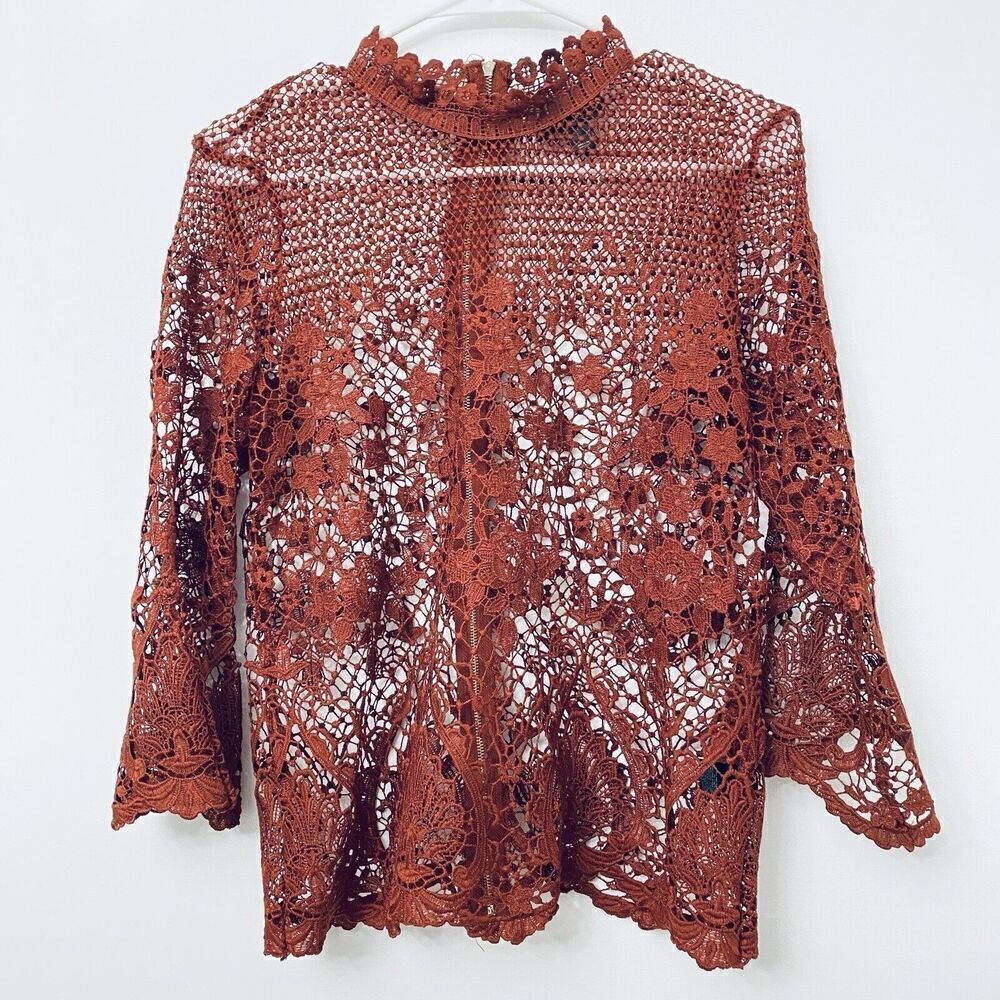 BOLD ELEMENTS LACEY Rust Orange Zipper Overlay Top SIze MEDIUM Bell Sleeve